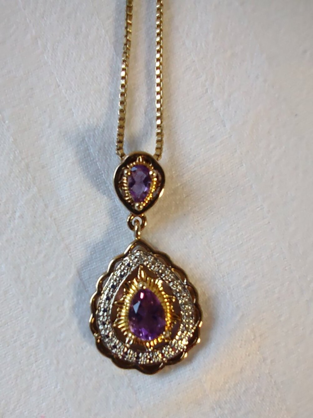 Necklace-2 Amethyst Stones Pendant- + 17.5" Box Chain - Sterling Silver 925 - Picture 13 of 14